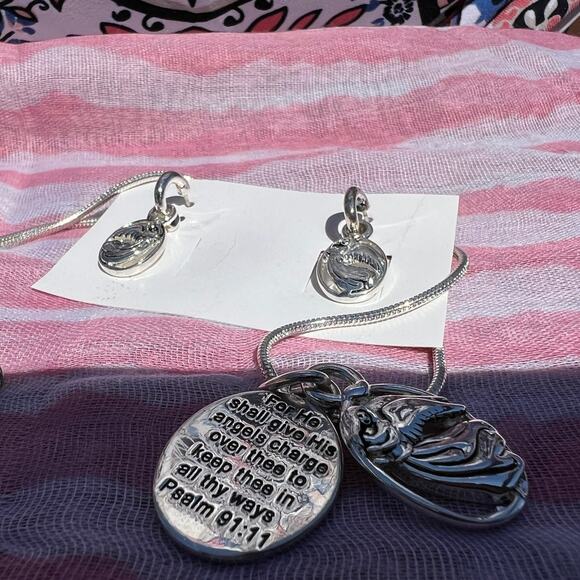 Angel Religious Psalm 91:11 Angelic Protection Necklace Set Retro Deadstock NEW - Picture 5 of 11